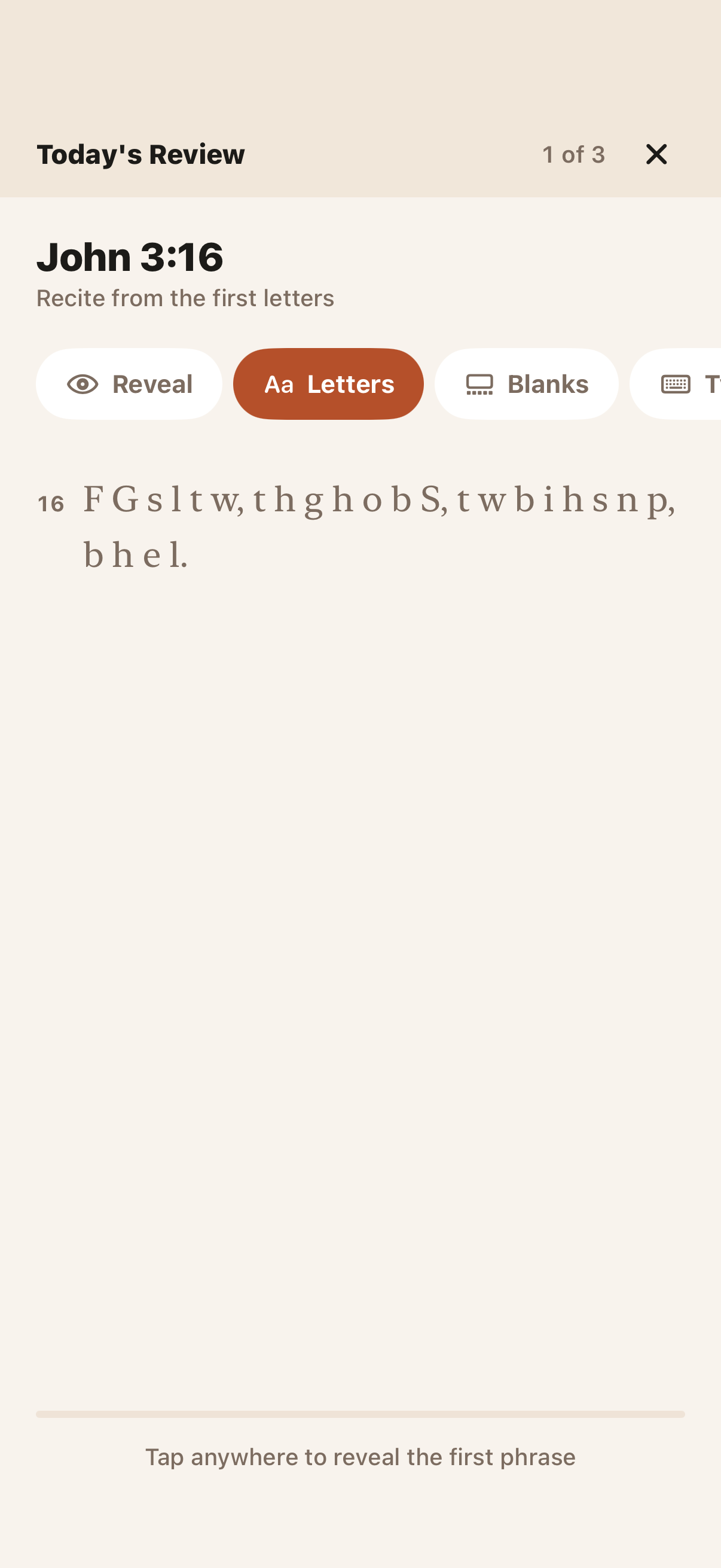 First-letters mode: the verse reduced to its initial letters